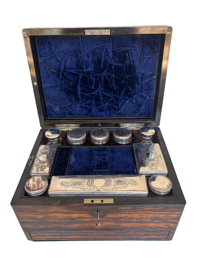 Fine Victorian Burled Walnut Vanity / Dressing Case with Silverplate Fittings, Secret Compartments, Hidden Documents, and Engraved Cartouche Dated 1891