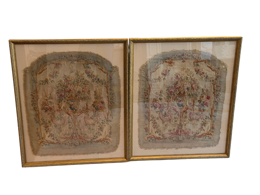 Pair of 19th C French Aubusson Salon Chair Back Tapestry Upholstery Fragments (Archival Framing)