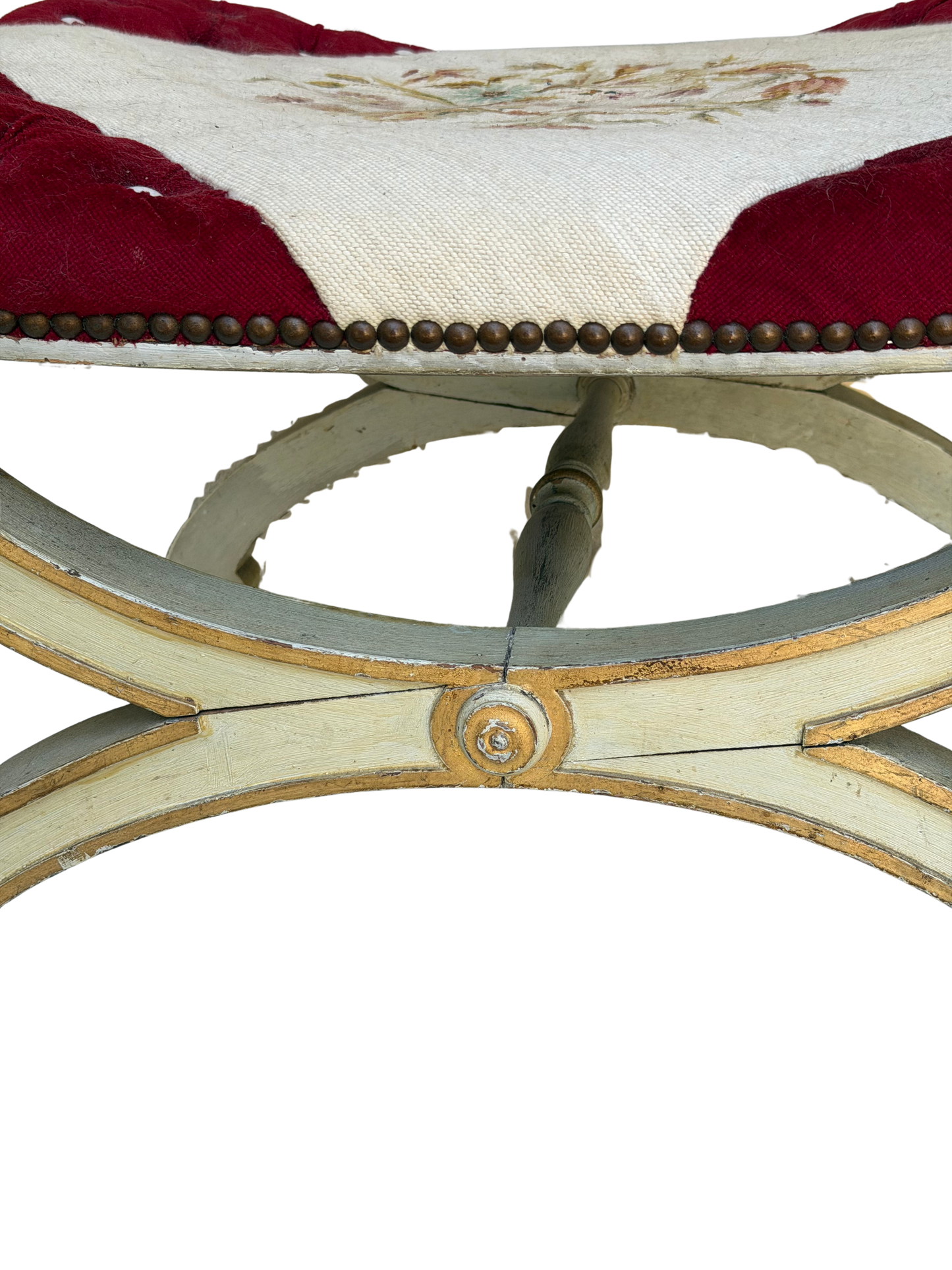Antique Continental Painted X-Frame Curule Stool with Embroidered & Tufted Velvet Seat, Late 19th Century