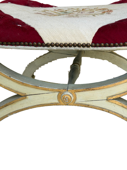 Antique Continental Painted X-Frame Curule Stool with Embroidered & Tufted Velvet Seat, Late 19th Century