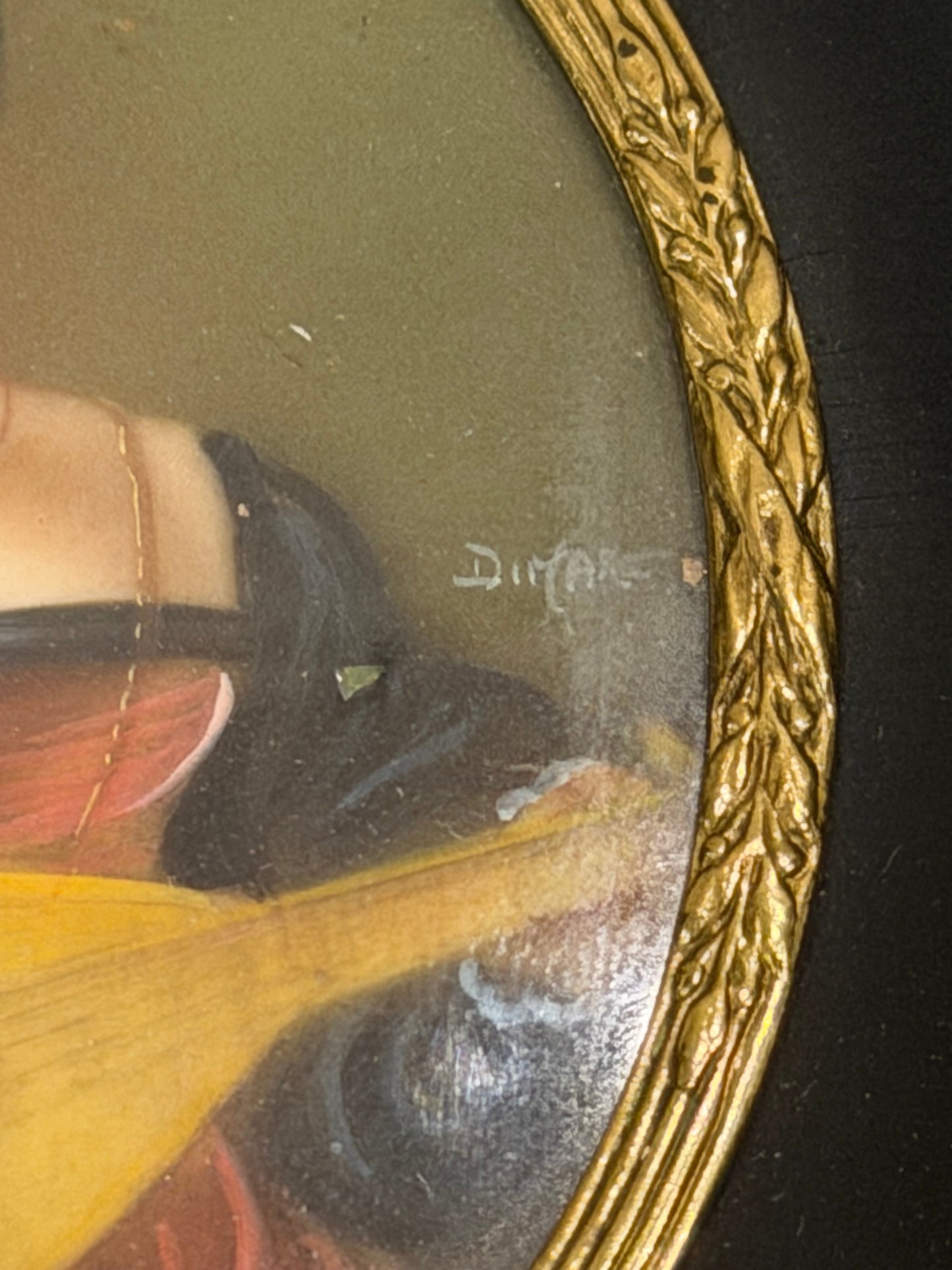 Hand-Painted Translucent Celluloid Portrait Plaque of a Renaissance Lady with Lute in 18K Gold Bezel, Signed "Dimarc"