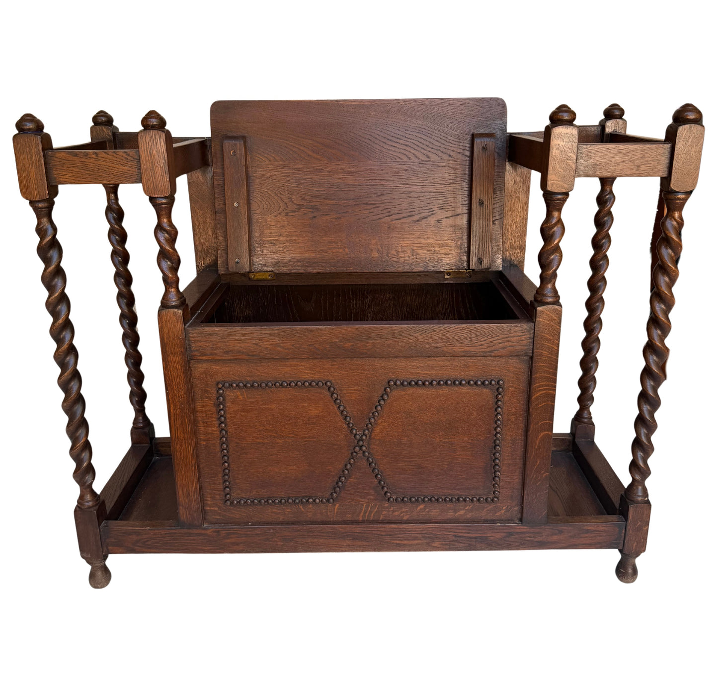 English Jacobean Style Carved Oak Barley Twist Hall Bench