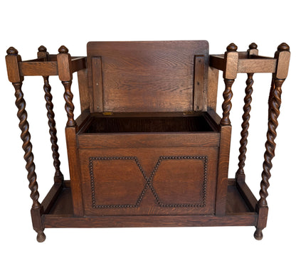 English Jacobean Style Carved Oak Barley Twist Hall Bench