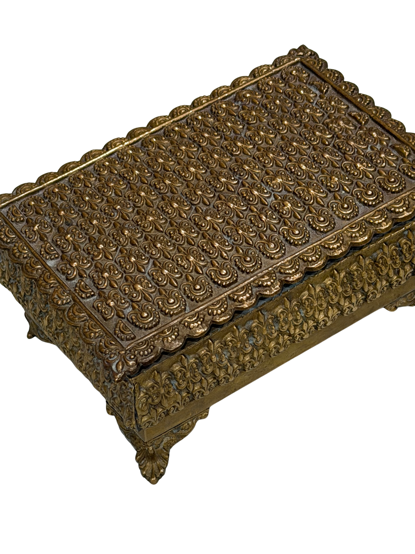 Antique Repoussé Brass Footed Box with Red Velvet Interior