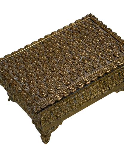 Antique Repoussé Brass Footed Box with Red Velvet Interior
