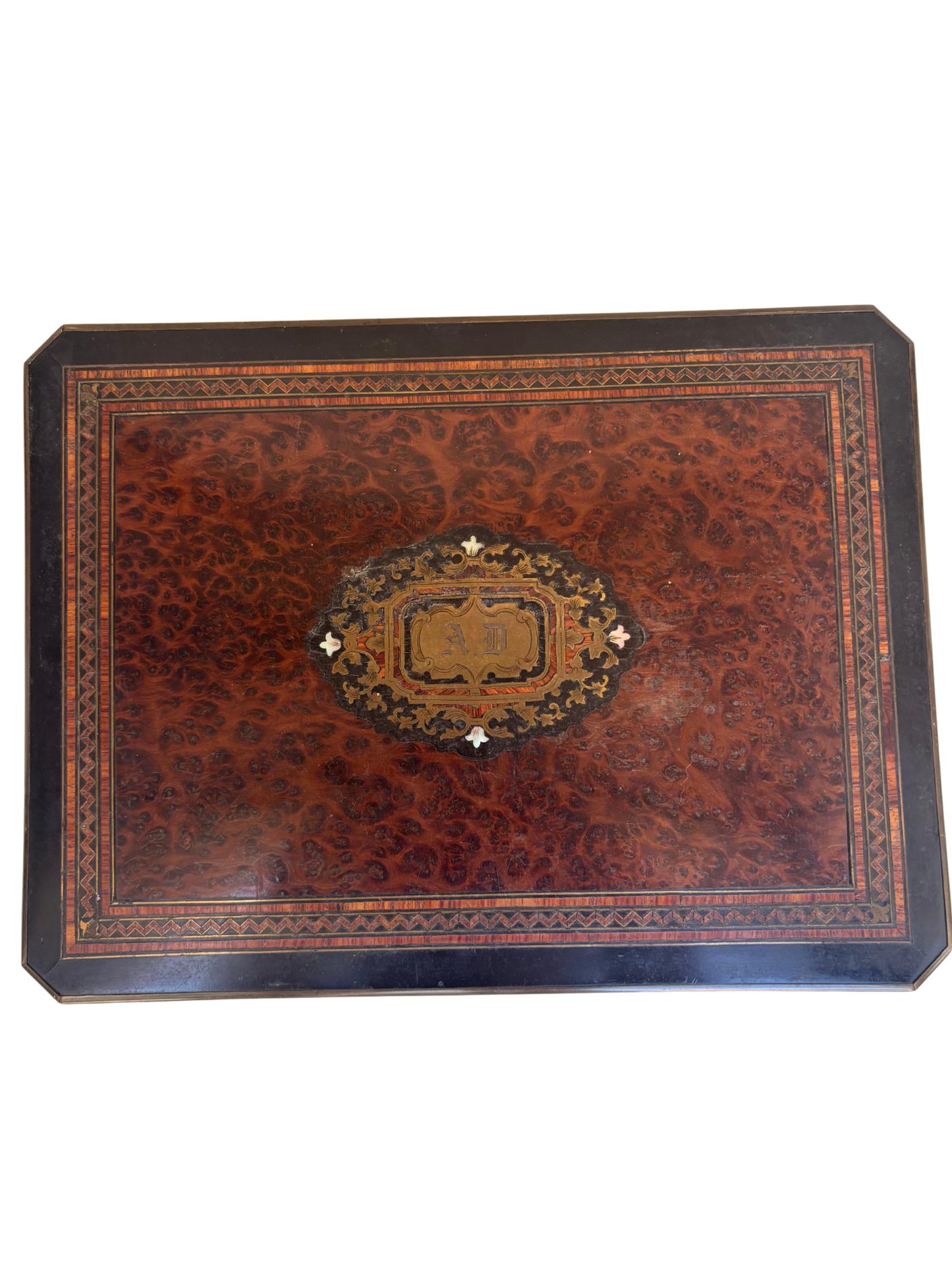 Victorian Burl Walnut and Ebonized Jewelry / Scarf Box with Tufted Satin Interior