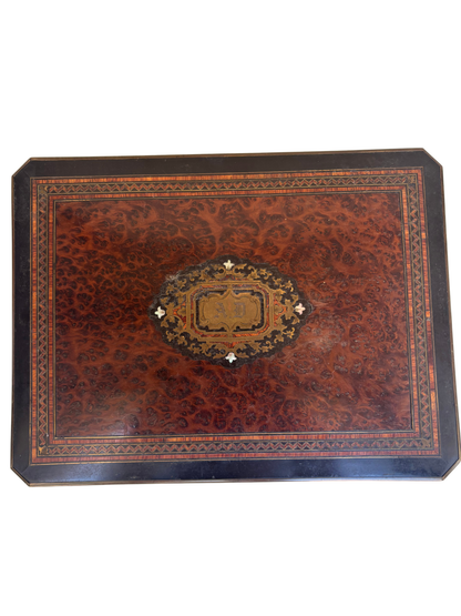 Victorian Burl Walnut and Ebonized Jewelry / Scarf Box with Tufted Satin Interior