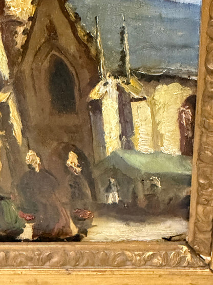 19th Century French School Oil Painting of Breton Church Scene, Monogrammed “LV”
