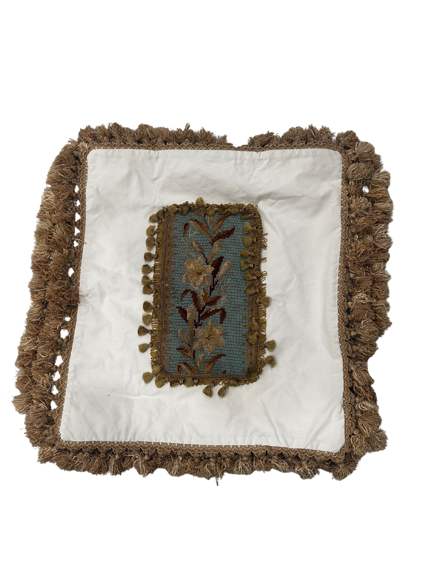 Pair of Large Vintage Pillow Cases with Antique Needlepoint Fragments - Floral Motif