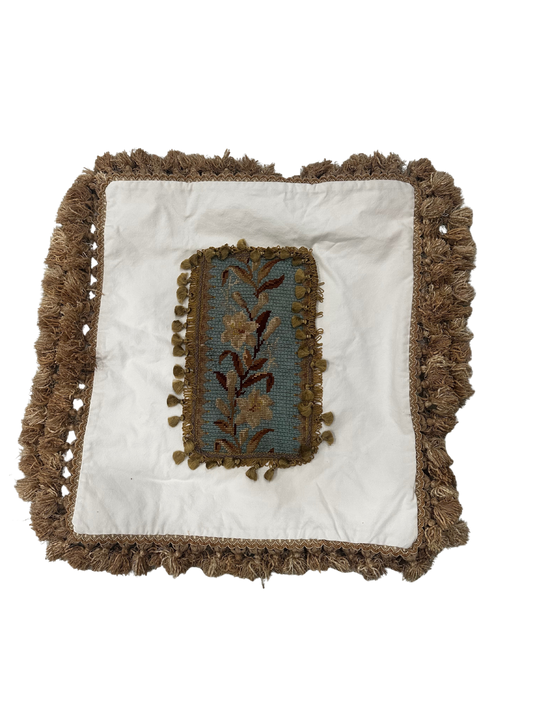 Pair of Large Vintage Pillow Cases with Antique Needlepoint Fragments - Floral Motif