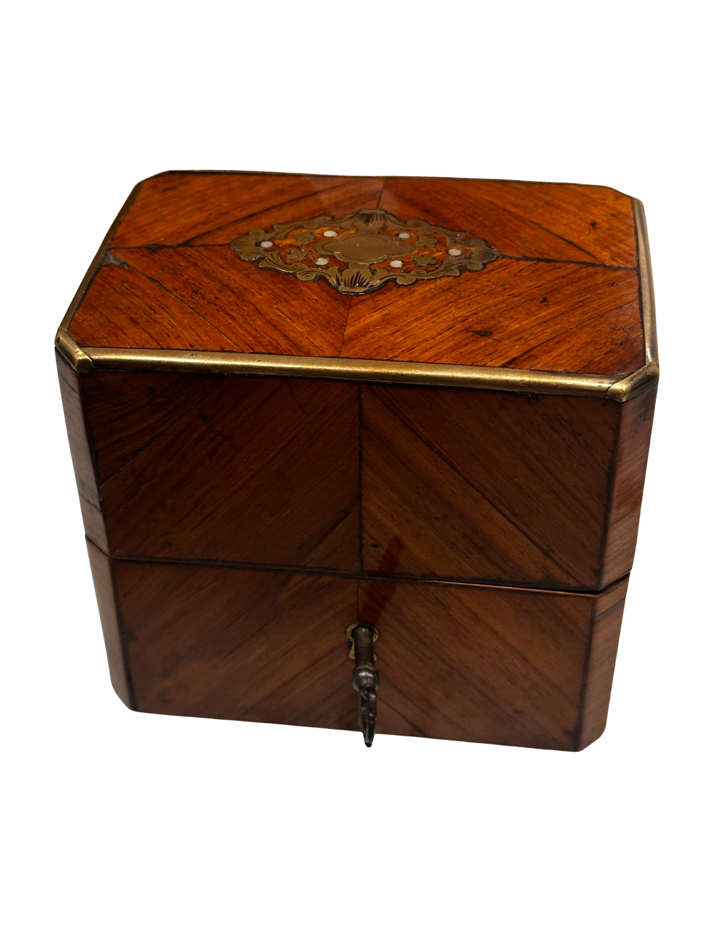 19th C Napoleon III Parquetry and Brass Inlaid Perfume Box with Two Bottles and Key