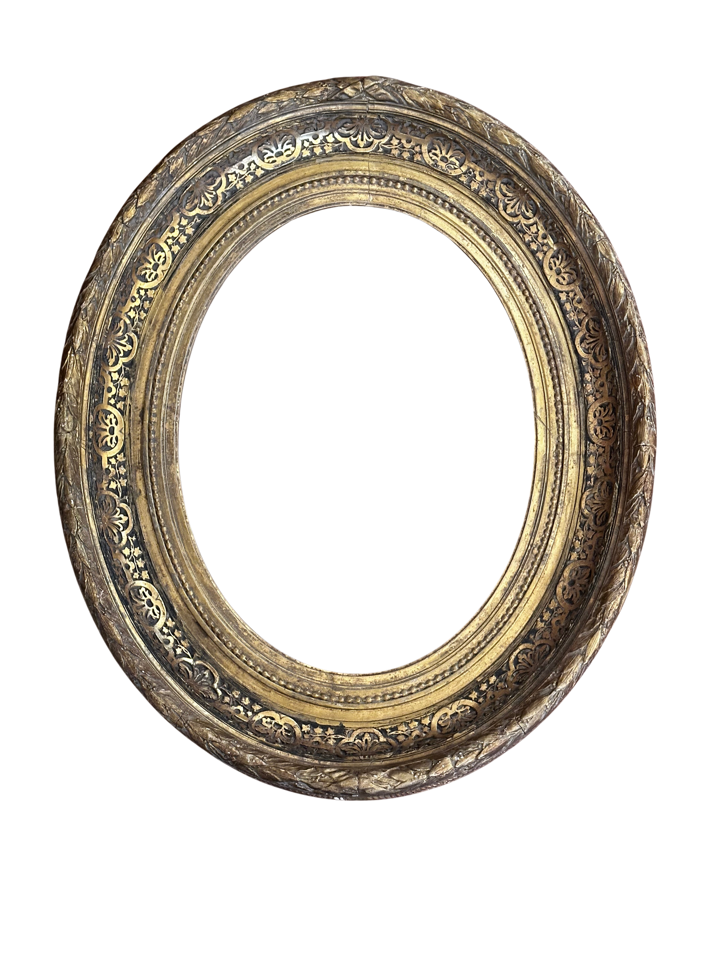 Antique French Oval Giltwood Frame with Foliate and Rosette Carving