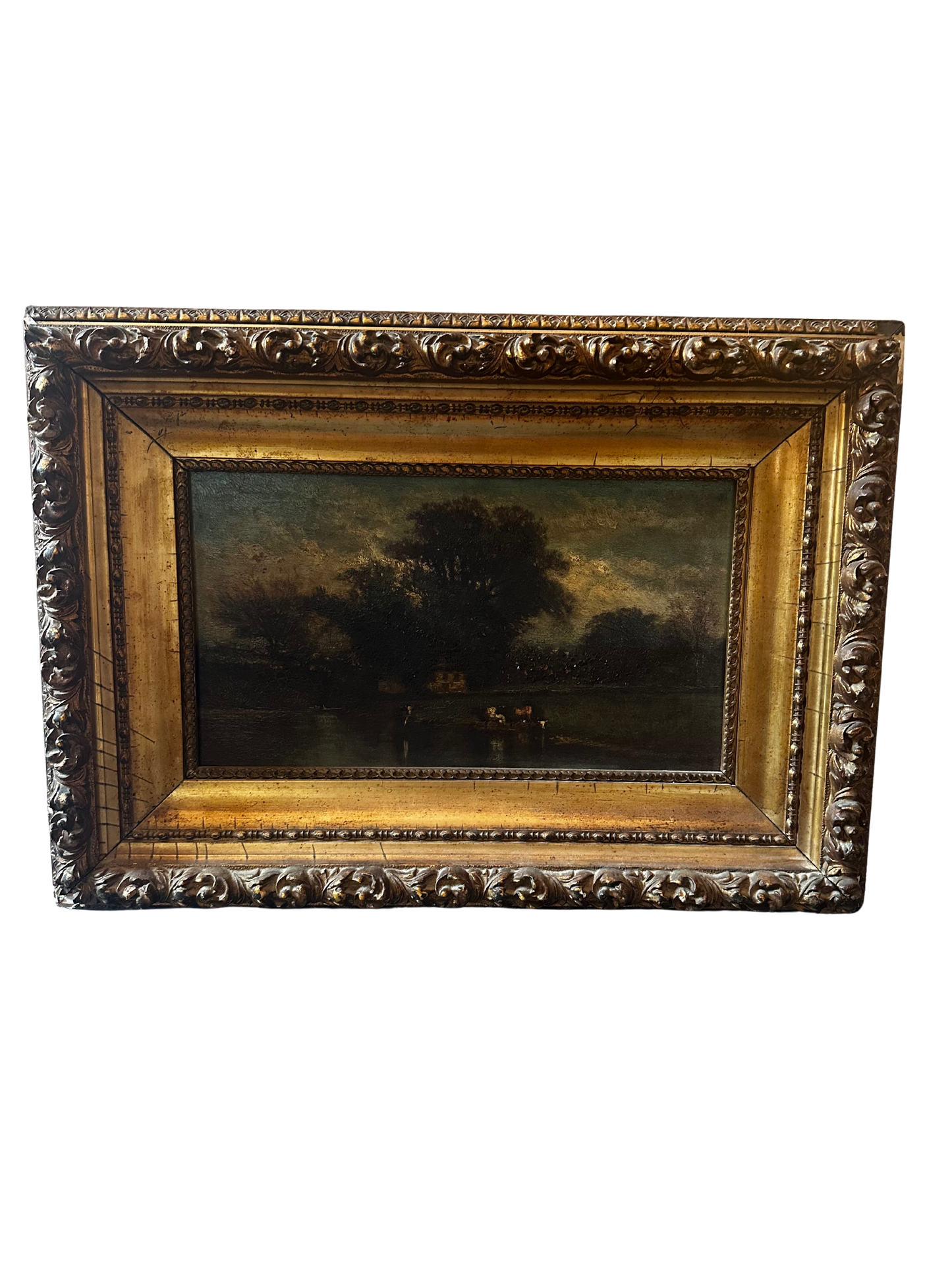 Pastoral Antique Early 20th C Oil on Canvas Painting in Ornate Frame (American Artist)