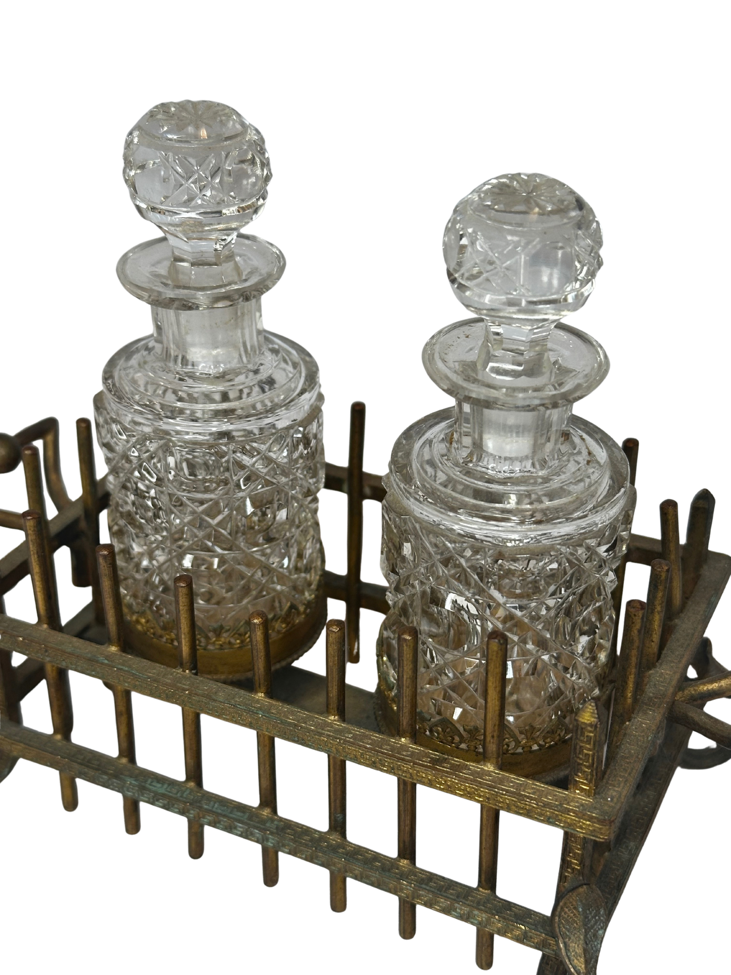 Antique Bronze Vanity Caddy with Pair of Cut-Glass Scent Bottles