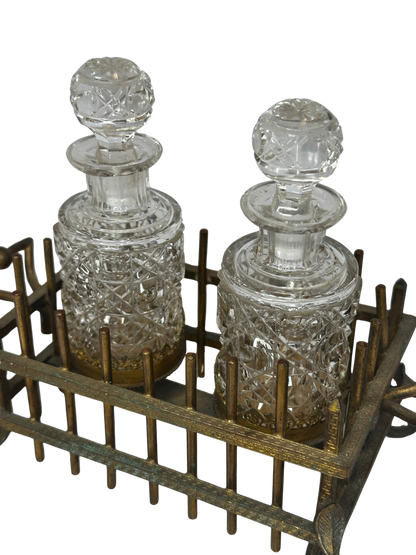 Antique Bronze Vanity Caddy with Pair of Cut-Glass Scent Bottles
