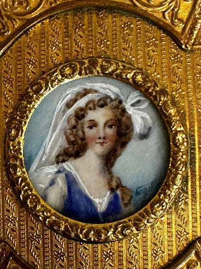 Antique Gilt Metal Clover Shaped Vanity Box with Portrait of a Young Woman