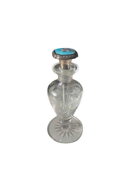 Antique Cut Crystal Perfume Bottle with Sterling Silver Guilloché Enamel Stopper