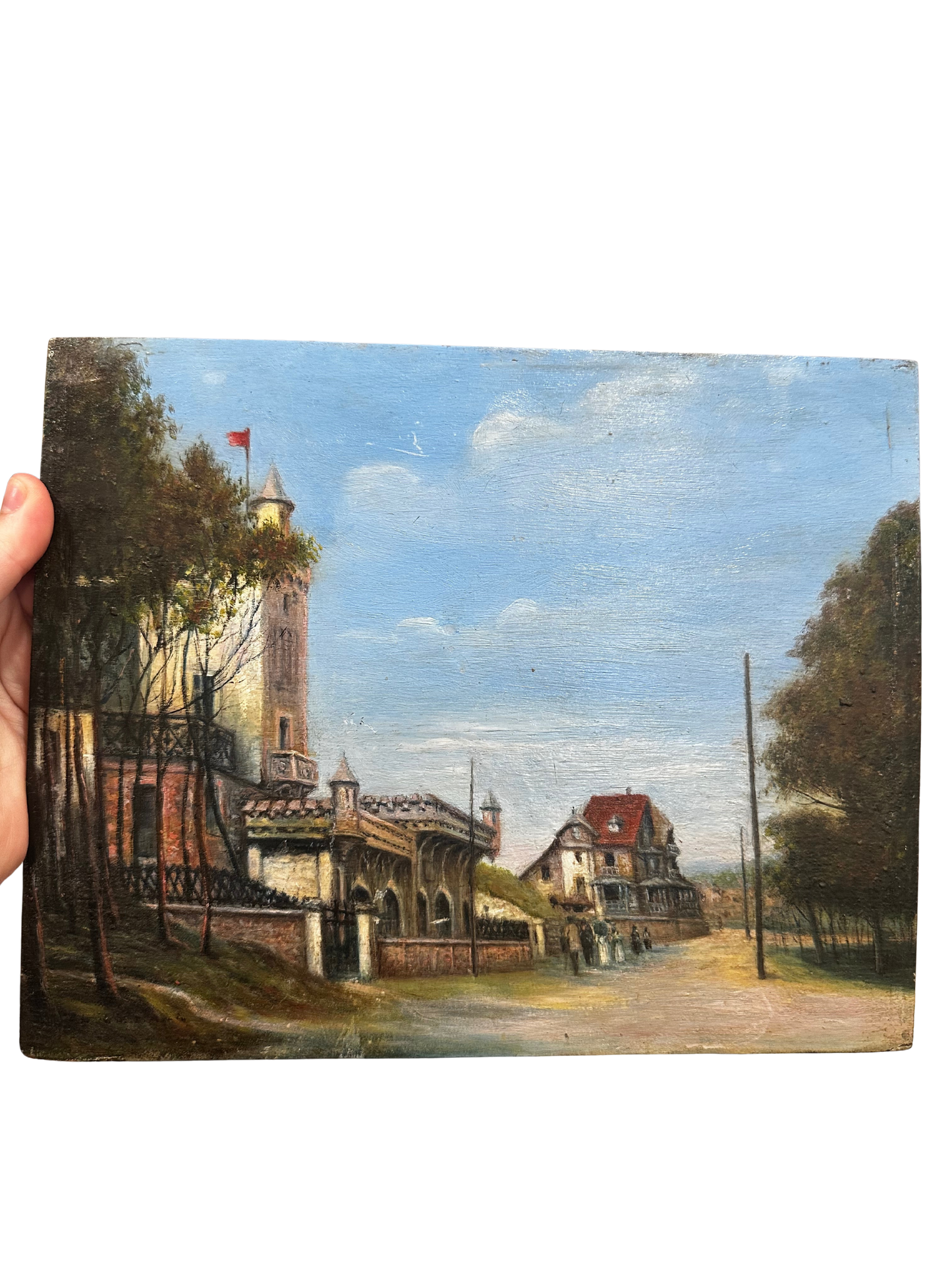 Antique Oil on Wood Panel of Normandy Resort Town