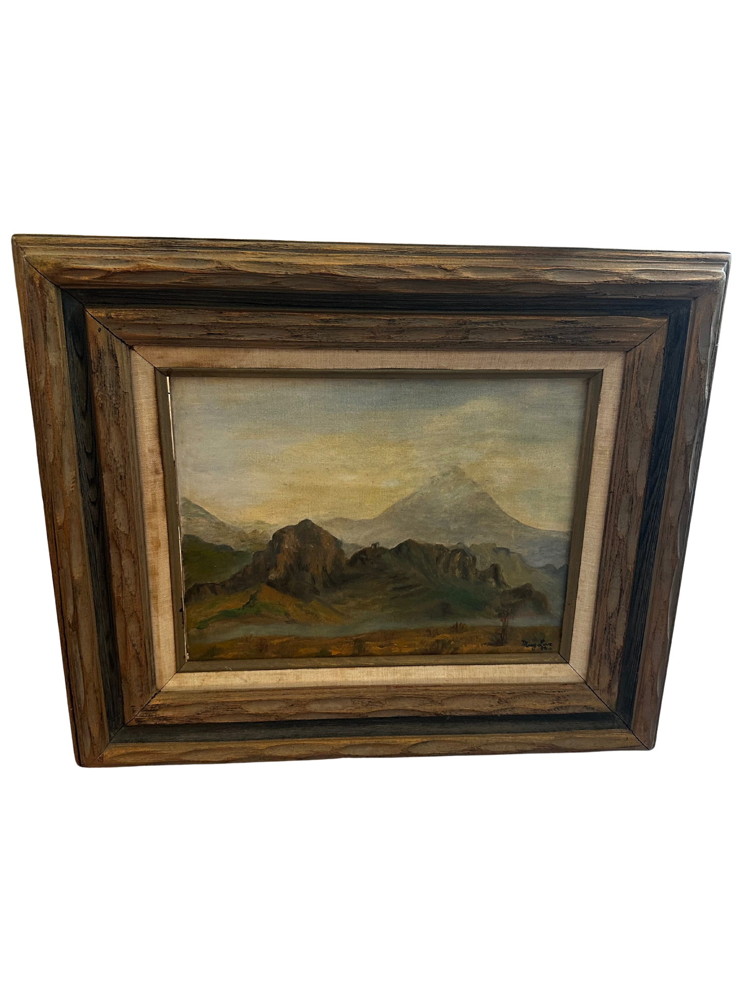 Vintage 1966 Mountainscape Painting (Rustic Frame) Signed Mary Love