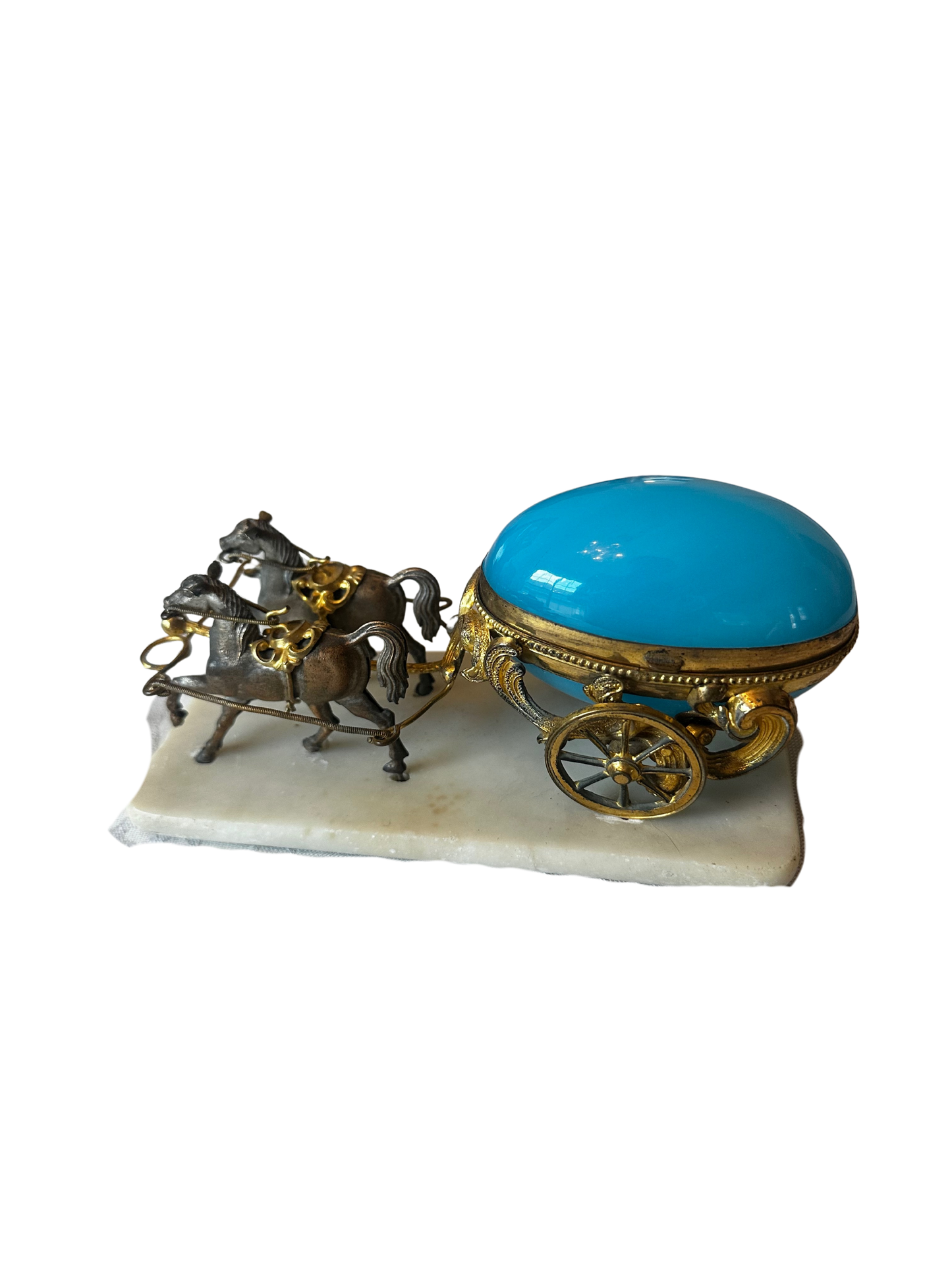 19th C French Palais Royal Blue Opaline Egg Carriage with Horses