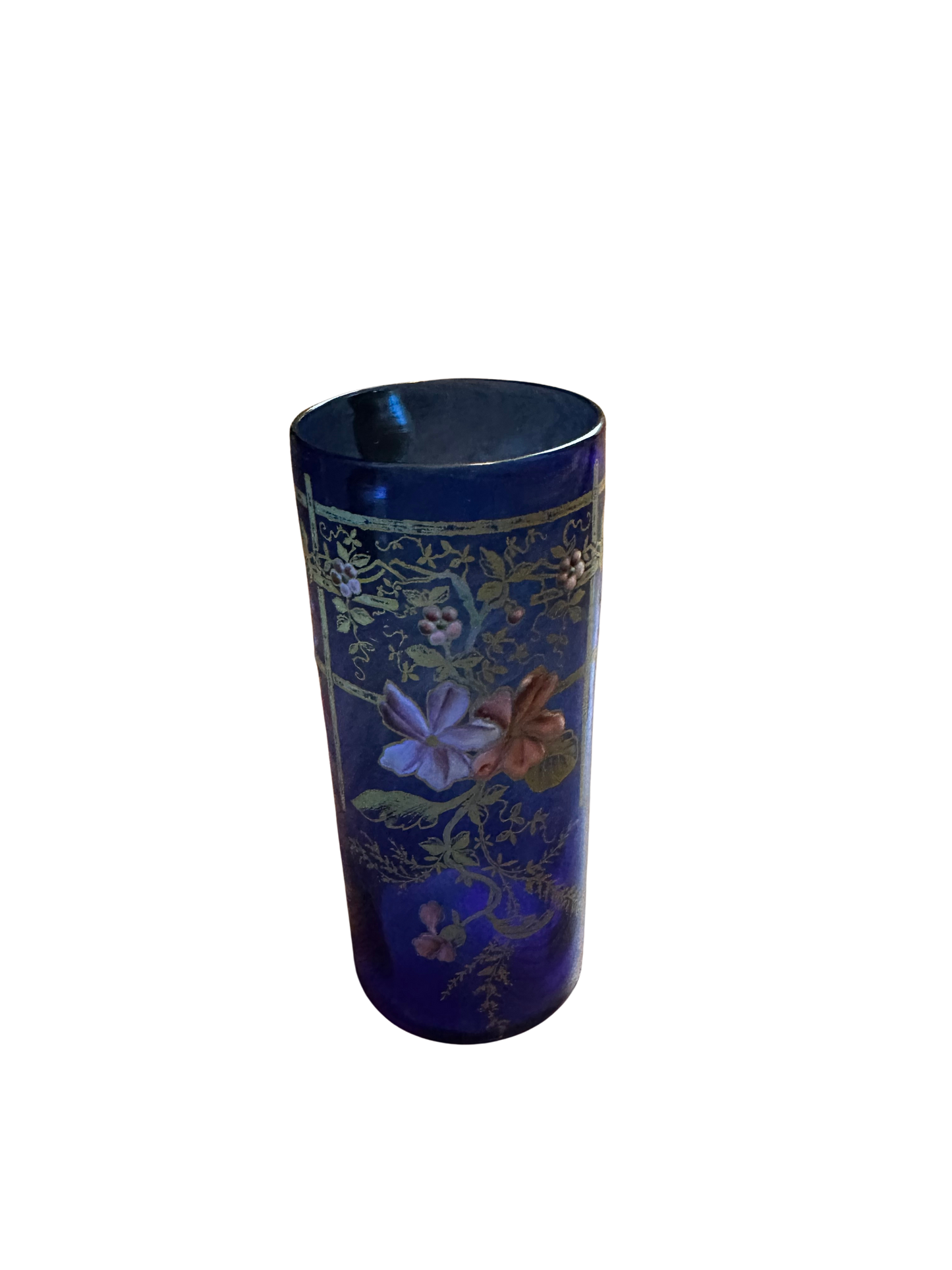 Dark Blue Floral Enamel Painted Glass Vase with Lattice