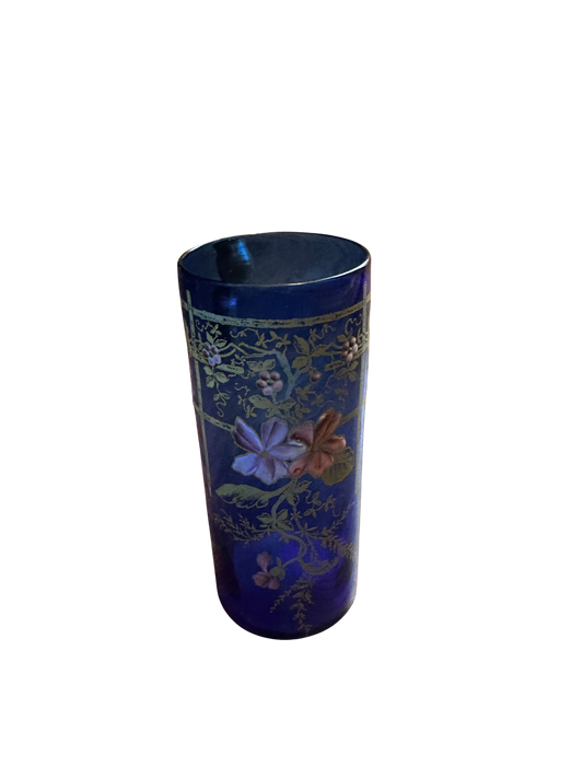 Dark Blue Floral Enamel Painted Glass Vase with Lattice
