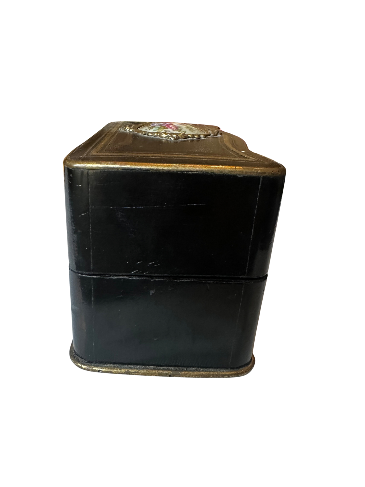 Napoléon III Ebonized Wood Perfume Casket with Painted Floral Plaque and Two Crystal Bottles