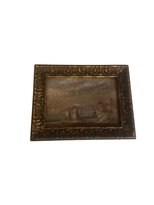 19th Century Mediterranean Coastal Landscape with Fortress, Oil on Panel