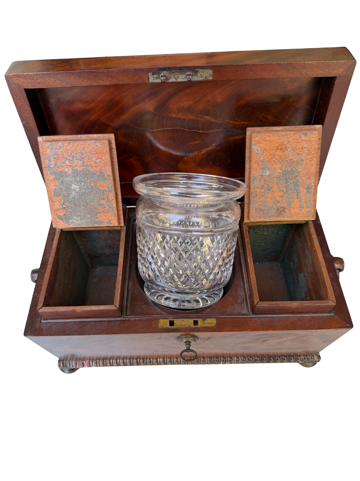 English Regency Figured Mahogany and Mother-of-Pearl Sarcophagus Tea Caddy with Cut Crystal Mixing Bowl