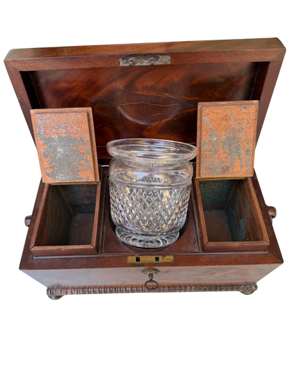 English Regency Figured Mahogany and Mother-of-Pearl Sarcophagus Tea Caddy with Cut Crystal Mixing Bowl