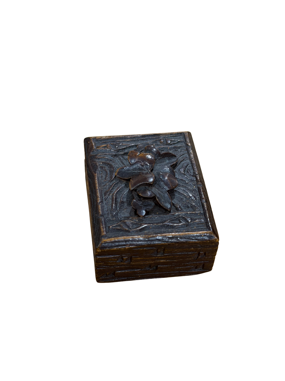 Antique Black Forest Carved Wood Floral Postage Stamp Box