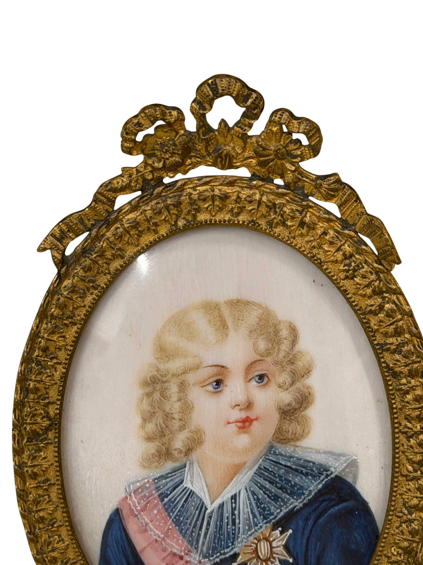 Antique Watercolor and Gouache Portrait Miniature, Likely Napoleon II - The King of Rome in Evans Philadelphia Gilt Brass Easel Frame