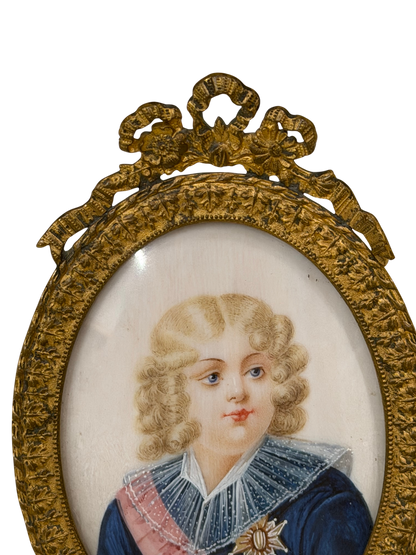 Antique Watercolor and Gouache Portrait Miniature, Likely Napoleon II - The King of Rome in Evans Philadelphia Gilt Brass Easel Frame