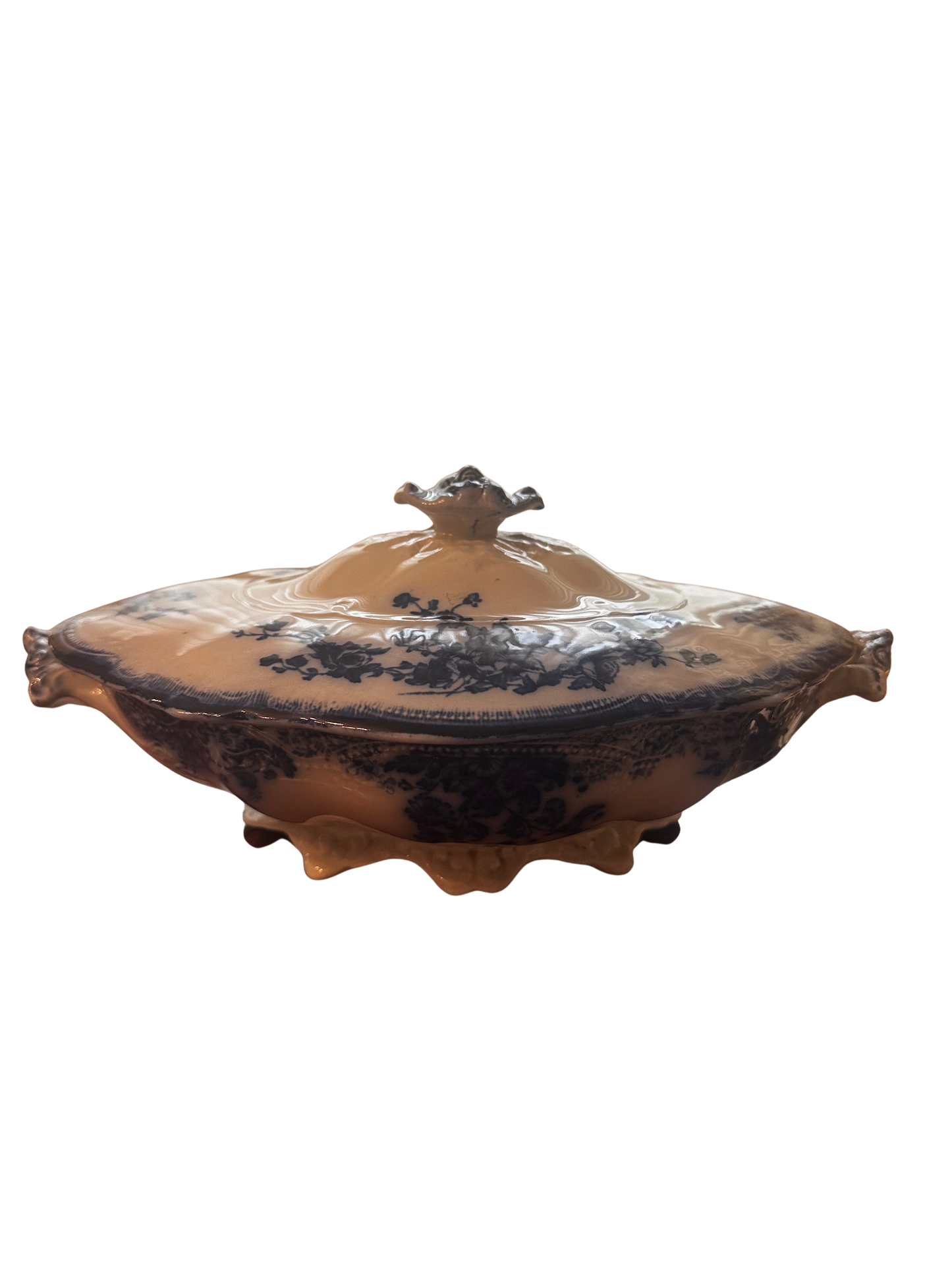 W.H. Grindley and Co. “Marguerite” Flow Blue Covered Serving Dish