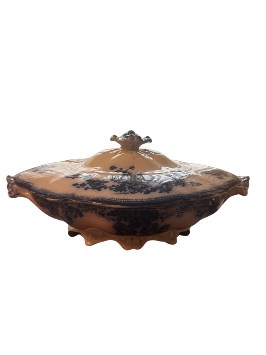 W.H. Grindley and Co. “Marguerite” Flow Blue Covered Serving Dish