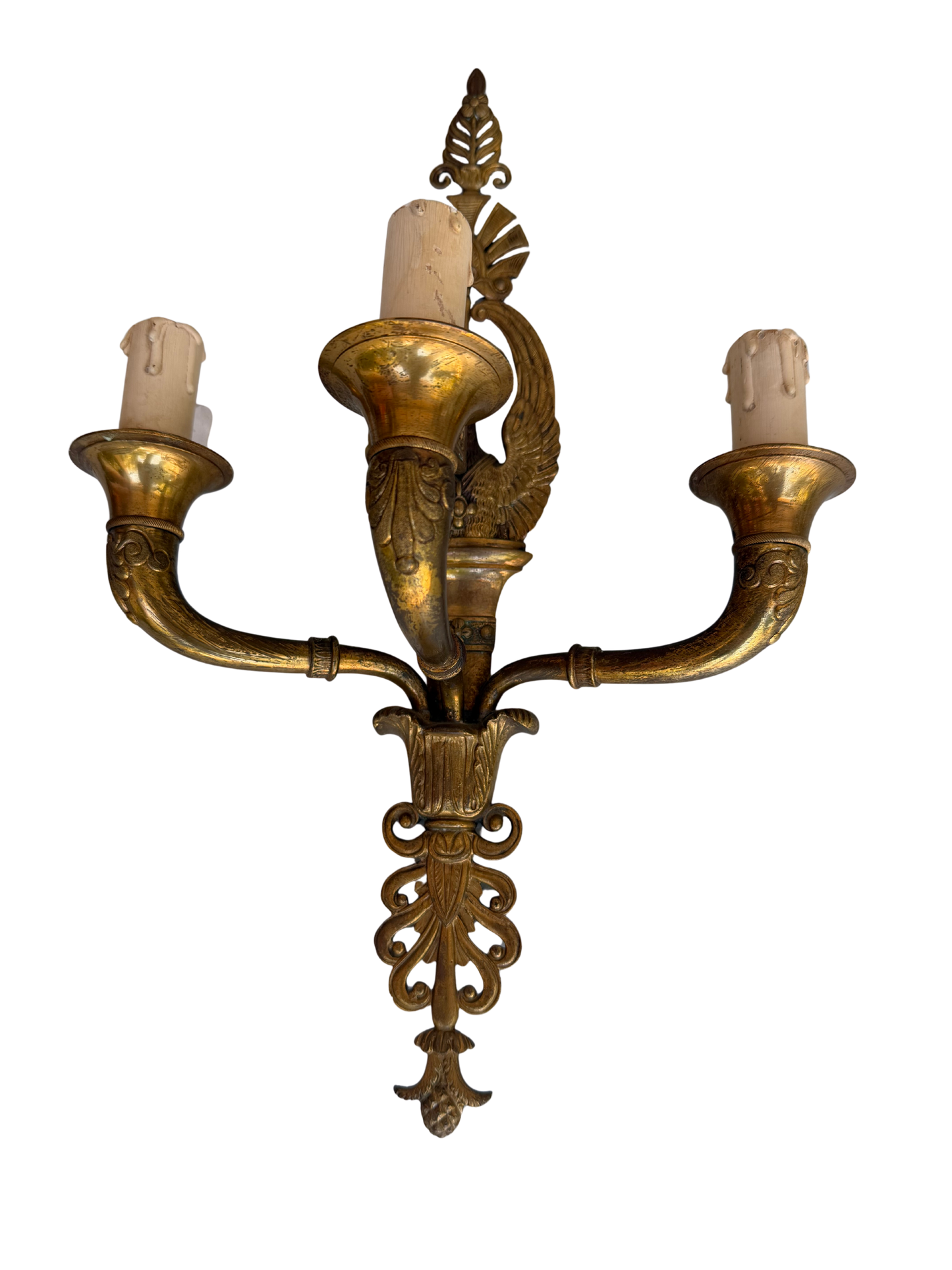 Pair of French Napoleon III Empire Revival Gilt Bronze Eagle Three-Light Wall Sconces, Late 19th Century