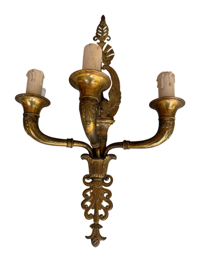 Pair of French Napoleon III Empire Revival Gilt Bronze Eagle Three-Light Wall Sconces, Late 19th Century
