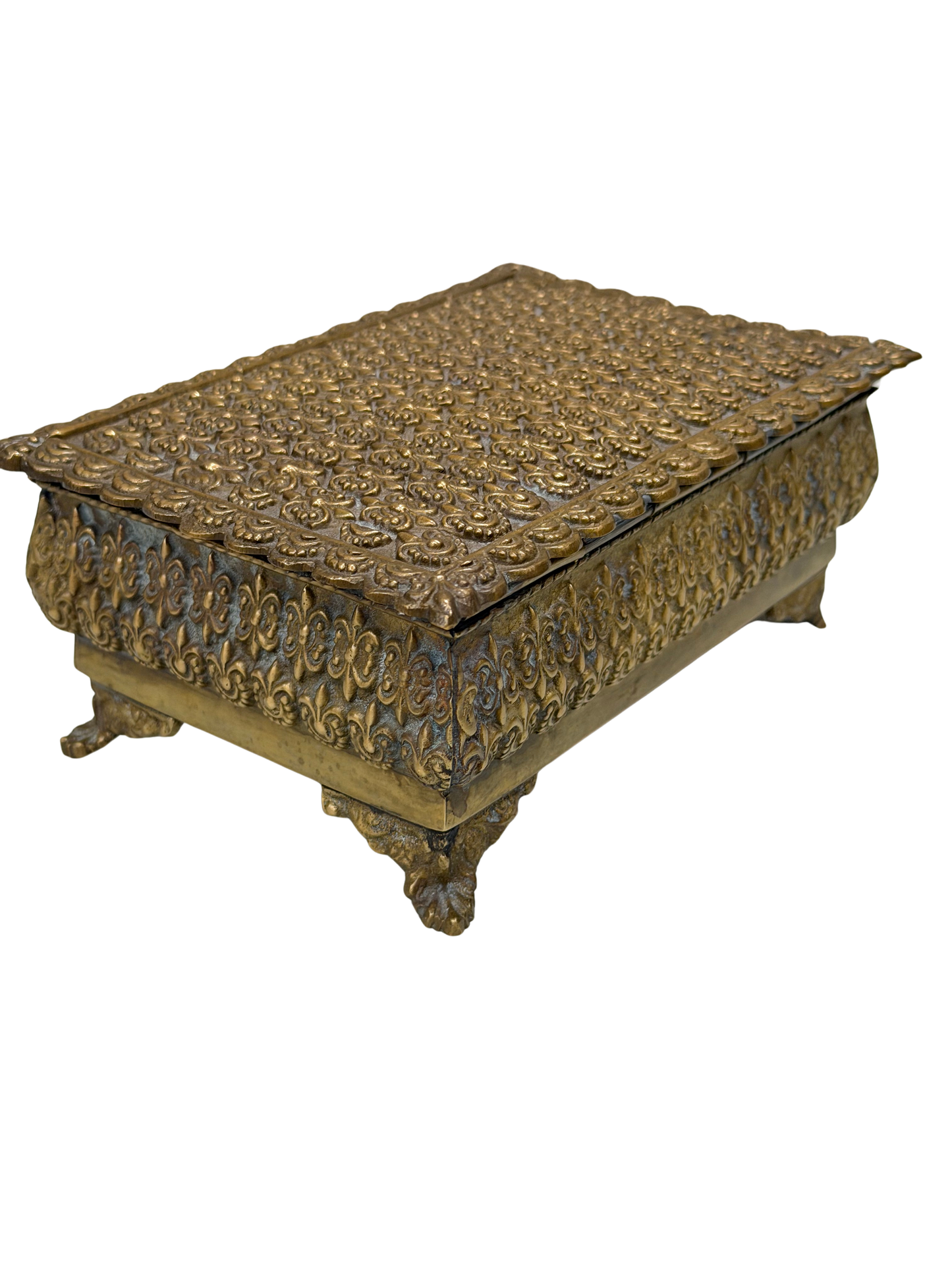 Antique Repoussé Brass Footed Box with Red Velvet Interior