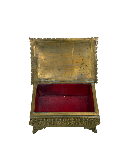 Antique Repoussé Brass Footed Box with Red Velvet Interior
