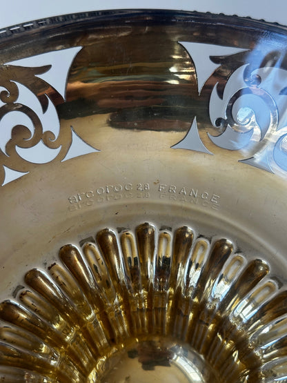 Pair of French Silverplate Pedestal Compotes with Arcoroc Glass Insert and Swan Handles