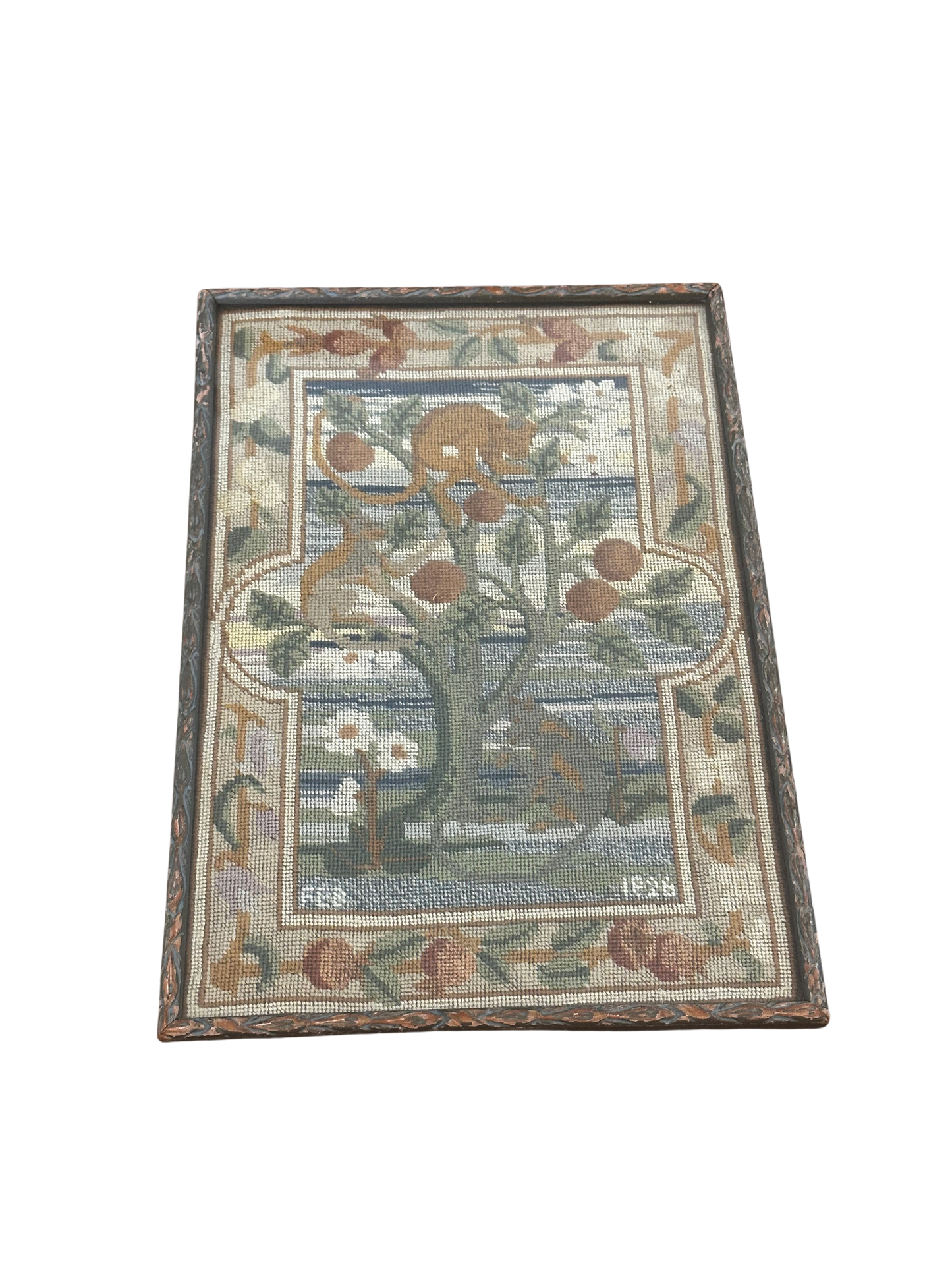 Framed Needlepoint Panel, "Monkey and Tree" Design, Dated 1926