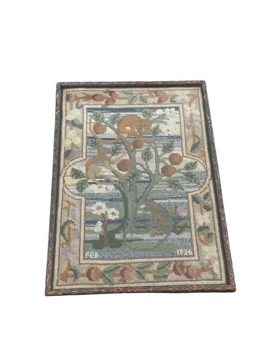Framed Needlepoint Panel, "Monkey and Tree" Design, Dated 1926