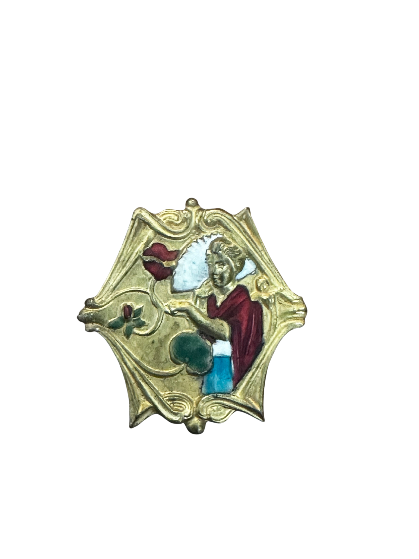 Mini Brass Painted Brooch of a Woman in Red Cloak