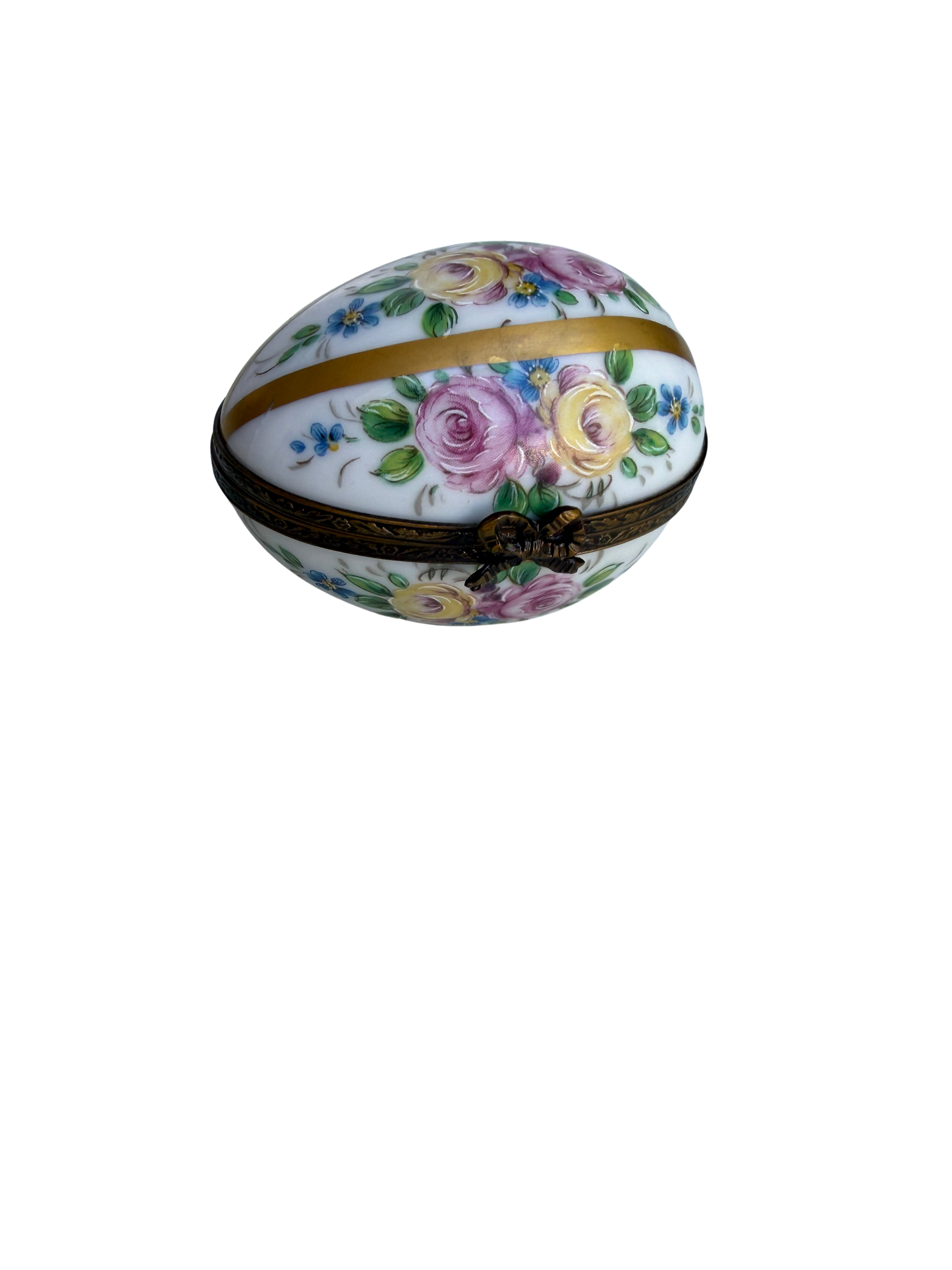 Vintage French Limoges Hand-Painted Porcelain Floral Egg Trinket Box with Gilt Mounts