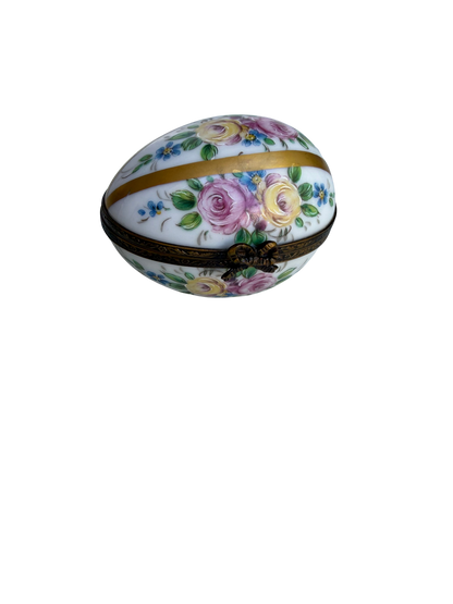 Vintage French Limoges Hand-Painted Porcelain Floral Egg Trinket Box with Gilt Mounts