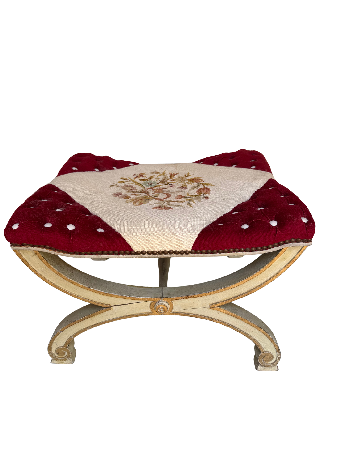 Antique Continental Painted X-Frame Curule Stool with Embroidered & Tufted Velvet Seat, Late 19th Century