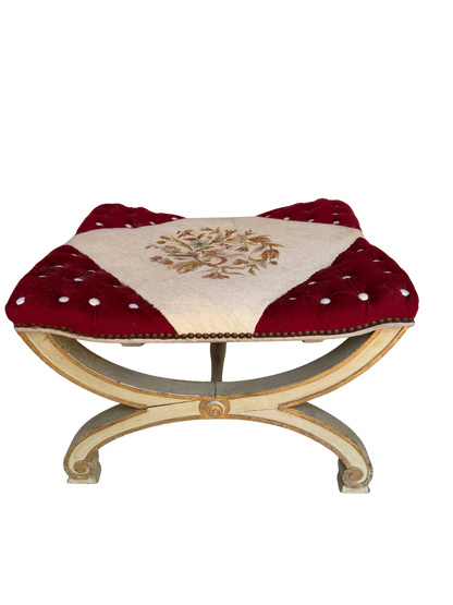 Antique Continental Painted X-Frame Curule Stool with Embroidered & Tufted Velvet Seat, Late 19th Century