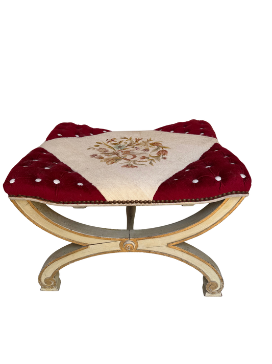 Antique Continental Painted X-Frame Curule Stool with Embroidered & Tufted Velvet Seat, Late 19th Century