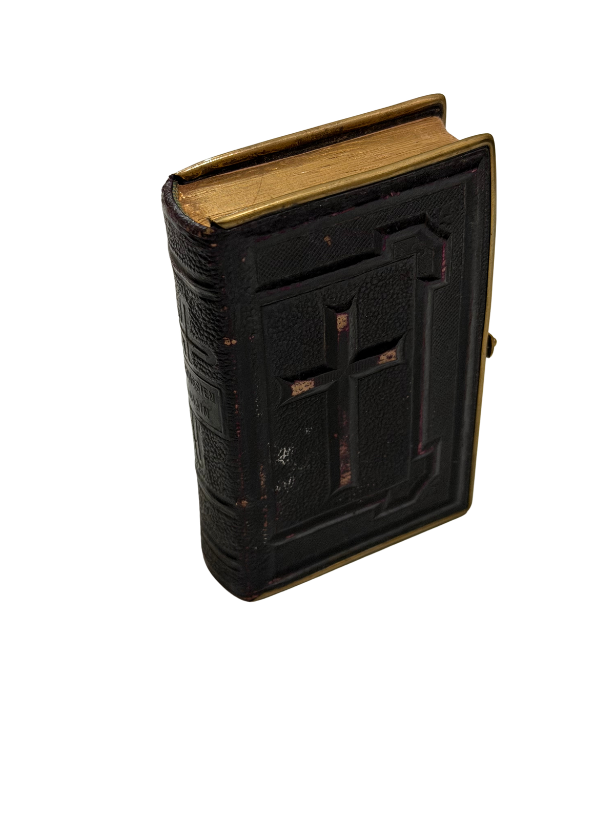 Antique French Miniature Prayer Book, "Paroissien Romain," Embossed Leather with Cross, Brass Clasp and Gilt Edges, Lille, c. 1890s