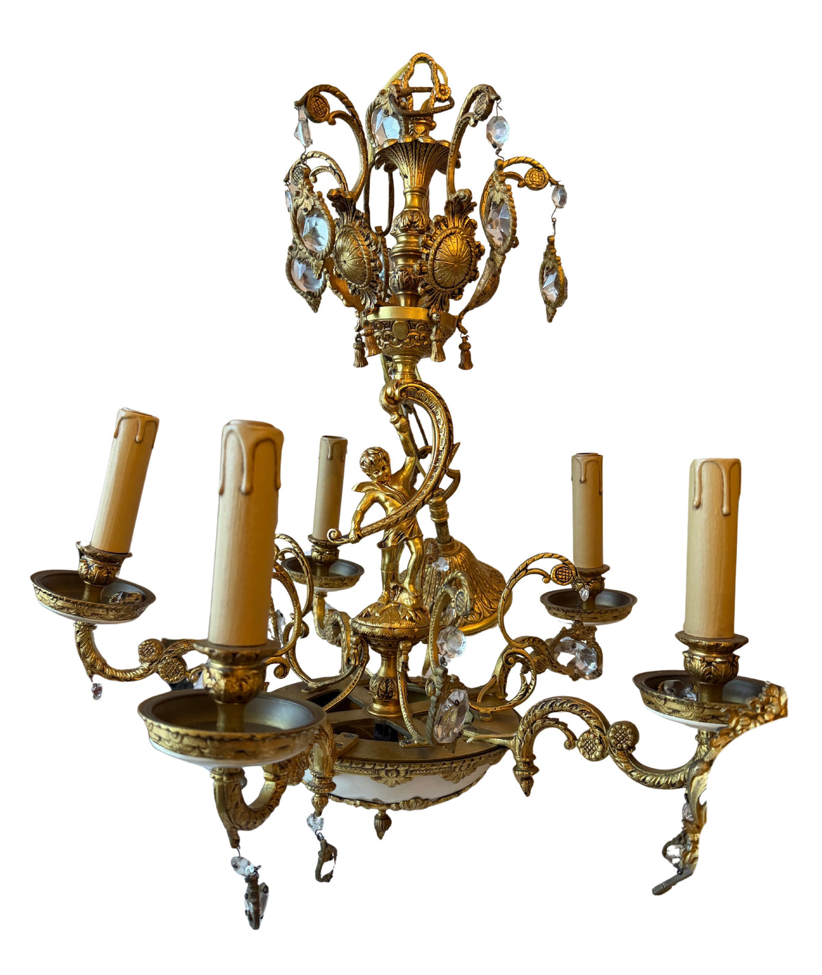 French Belle Époque Gilt Metal, Crystal and White Metal Cherub Chandelier, circa 1900